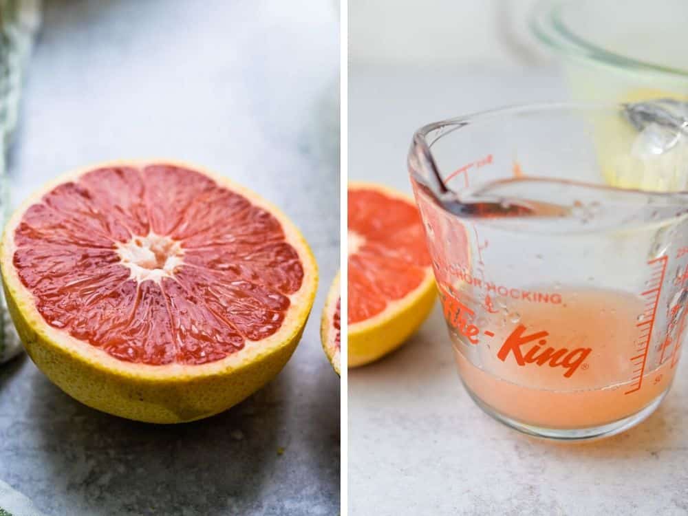 juicing a pink grapefruit for the citrus bars.