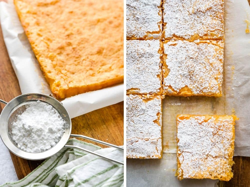 sprinkling powdered sugar on the grapefruit dessert and cutting the citrus bars into slices.