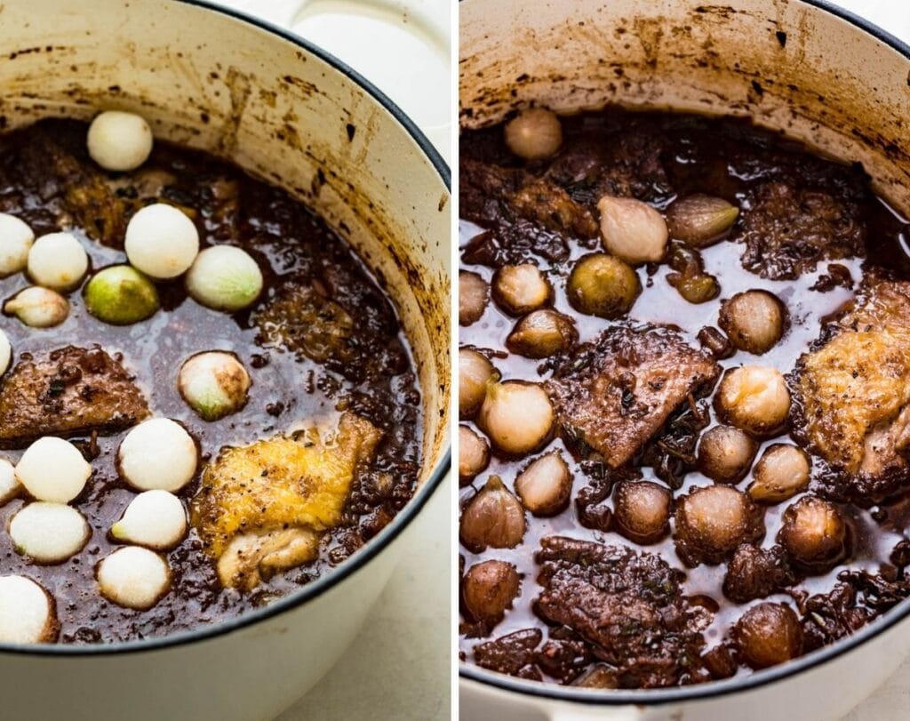 coq au vin before and after braising.