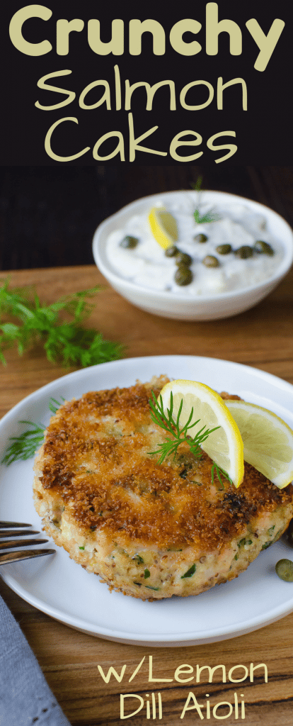 Easy Crunchy Salmon Cakes have a panko breading with both fresh and smoked salmon for depth. Top with fresh lemon dill aioli! Best salmon cake recipe EVER!
