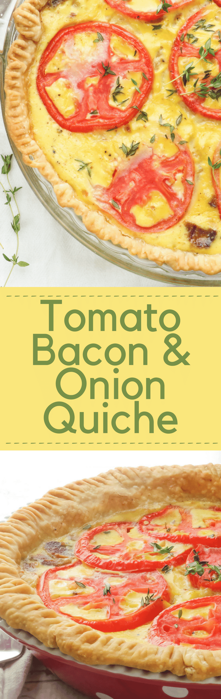 Need a quiche recipe that feeds a crowd? Tomato Bacon and Onion Quiche makes two pies and is perfect for breakfast or brunch and holiday entertaining!