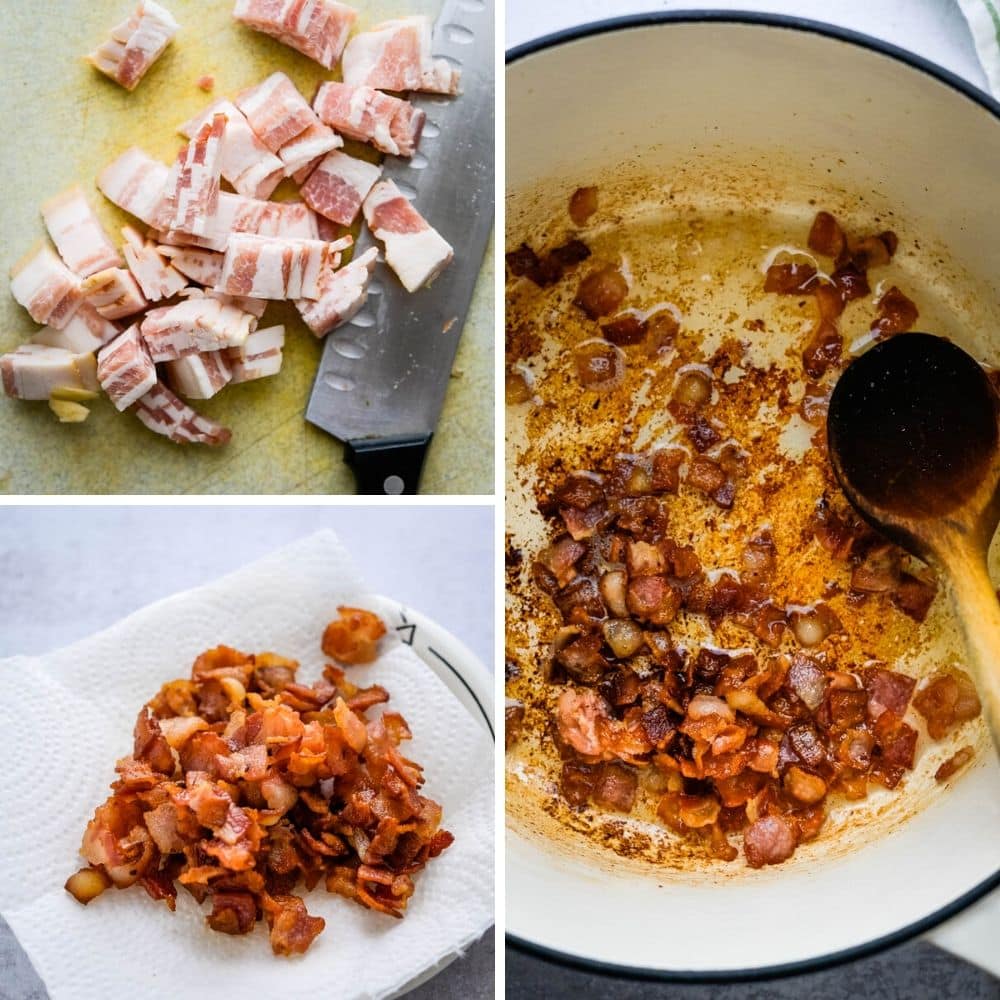 crisping bacon and rendering fat to flavor the slow cooked lamb.