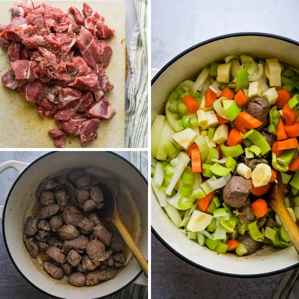 searing lamb chunks for the stew recipe.