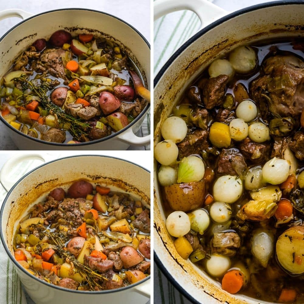 Slow cooked lamb and vegetables in a dutch oven.