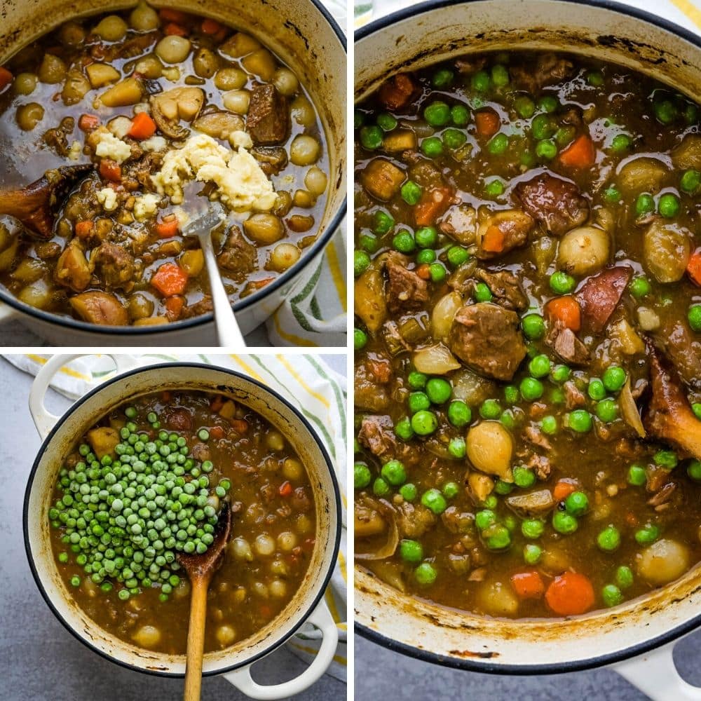 adding beurre manié and peas to Irish lamb stew.