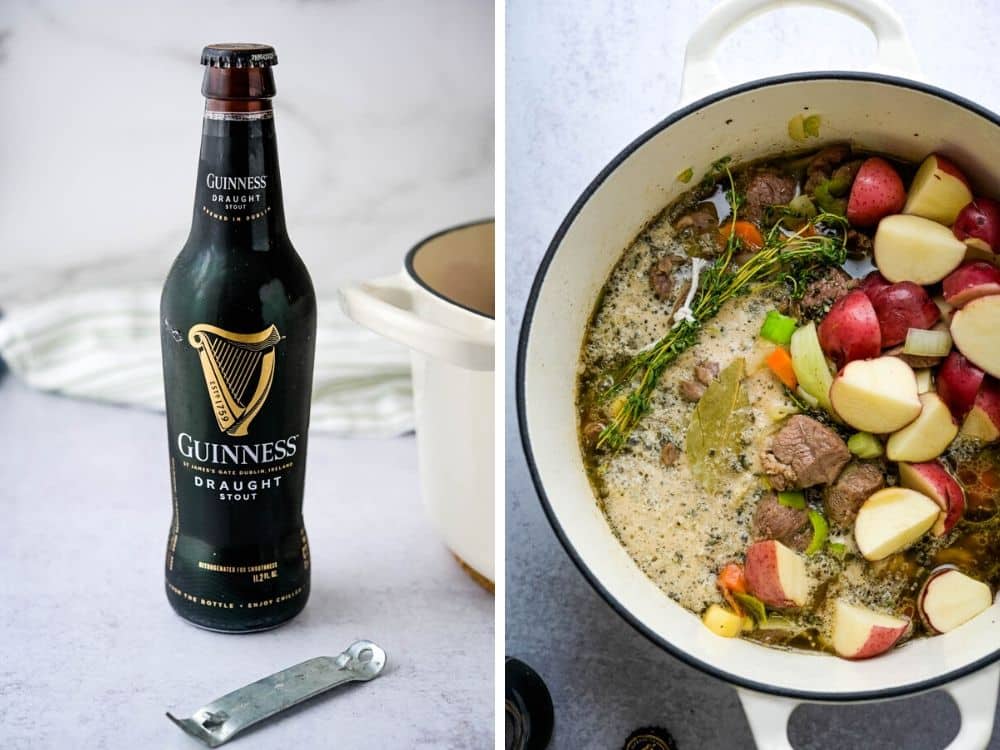 Adding Guinness Stout to the Irish Lamb Stew.