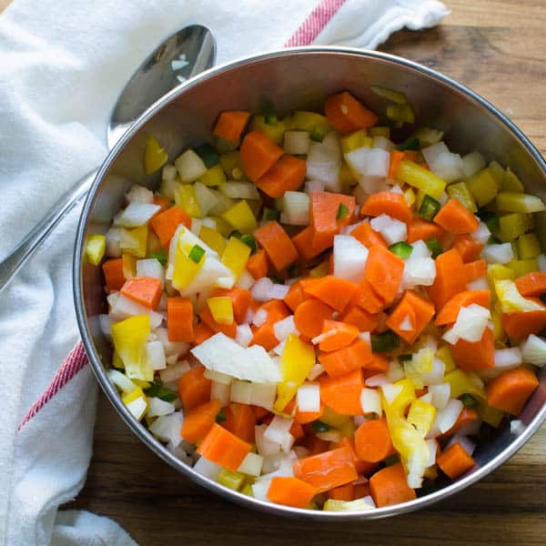 chopped carrots, onions and peppers.