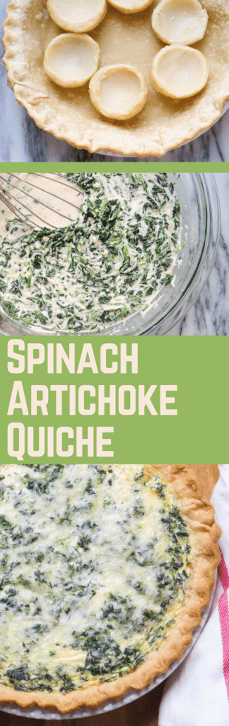 This easy make-ahead quiche recipe is a yummy brunch option & this Spinach Artichoke Quiche tastes like your favorite dip! Great for holiday entertaining! #quiche #spinachartichokedip #spinachquiche #artichokequiche #brunch #breakfast #vegetarianmeals #cheese #spinach #artichoke #eggs #pastry #makeaheadmeals #holidaybrunchrecipe #brunchrecipe