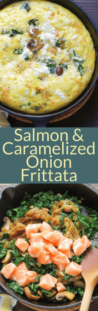 A healthy frittata recipe, Salmon and Caramelized Onion Frittata with kale, mushrooms and feta is easy to make and Phase 1 South Beach Diet approved.