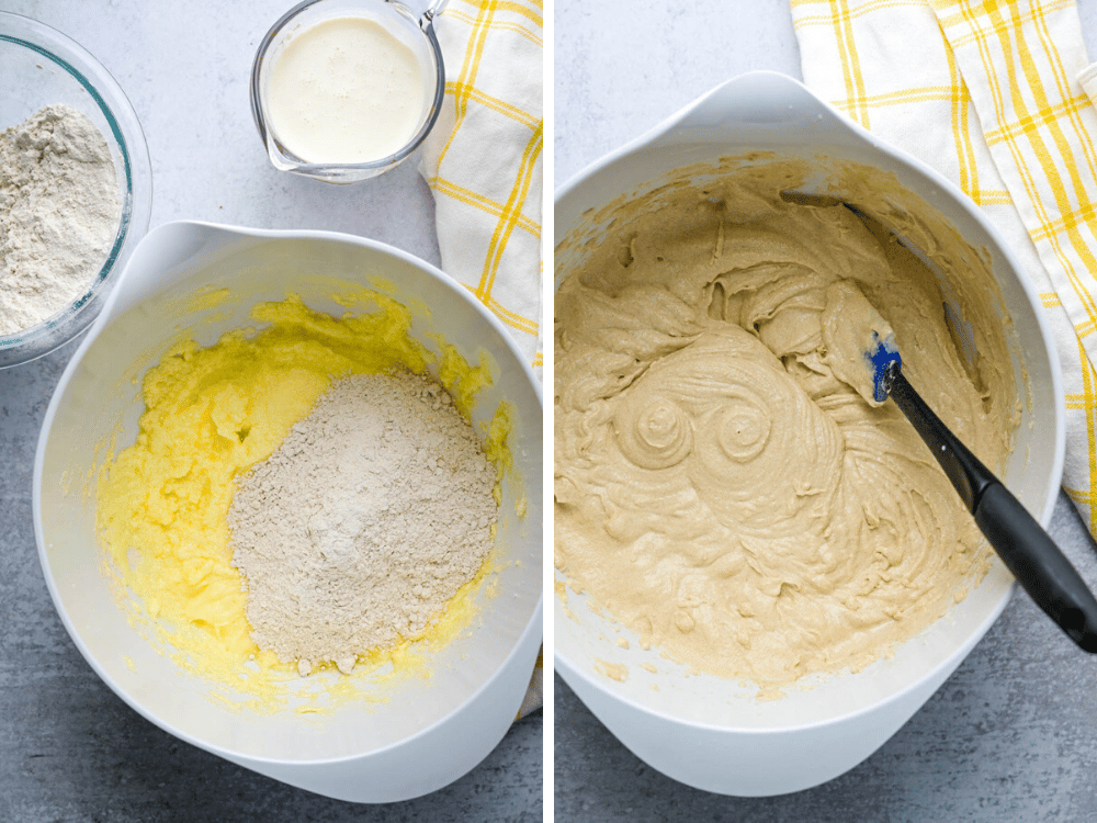 blending dry ingredients with the creamed butter mixture.