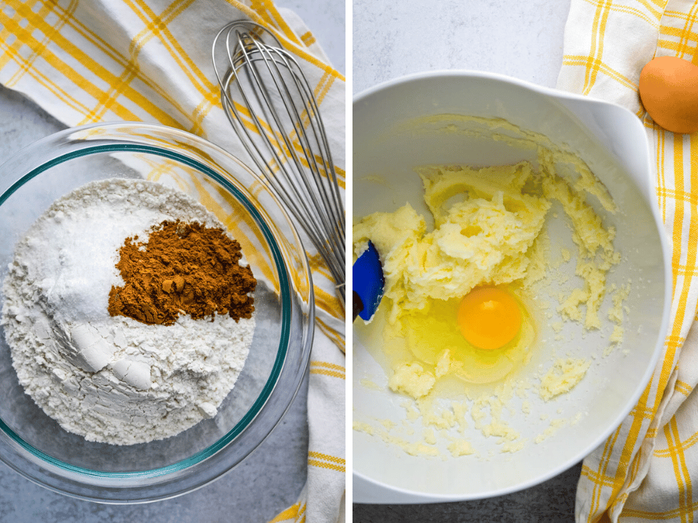 creaming butter, sugar and eggs and measuring dry ingredients.