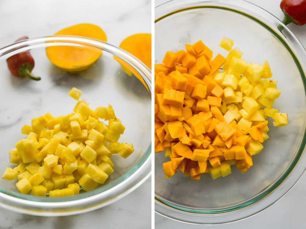 diced pineapple and mango cubes in a glass bowl.