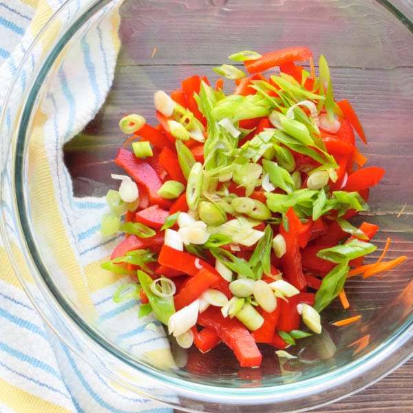 chopped vegetables for Asian Chicken Salad