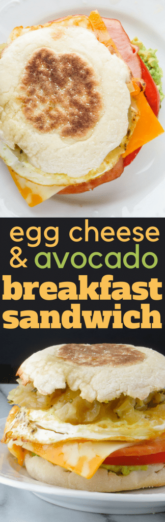 DIY Egg McMuffin with YOUR FAVORITE toppings, like creamy avocado and caramelized onions. This Egg, Cheese and Avocado Sandwich is a fast, delicious breakfast! #breakfast #brunch #sandwich #breakfastsandwich #eggsandwich #eggmcmuffin #caramelizedonions #avocado #canadianbacon #cheese #slicedcheese #eggs #friedeggsandwich #tomato #englishmuffin #hangoverbreakfast #breakfastfordinner