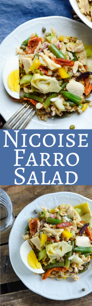 A heartier take on the classic French Nicoise Salad recipe. With farro and canned tuna this is a great brown bag lunch option!