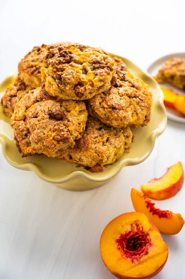 a serving platter piled with Southern praline peach scones. An easy recipe.