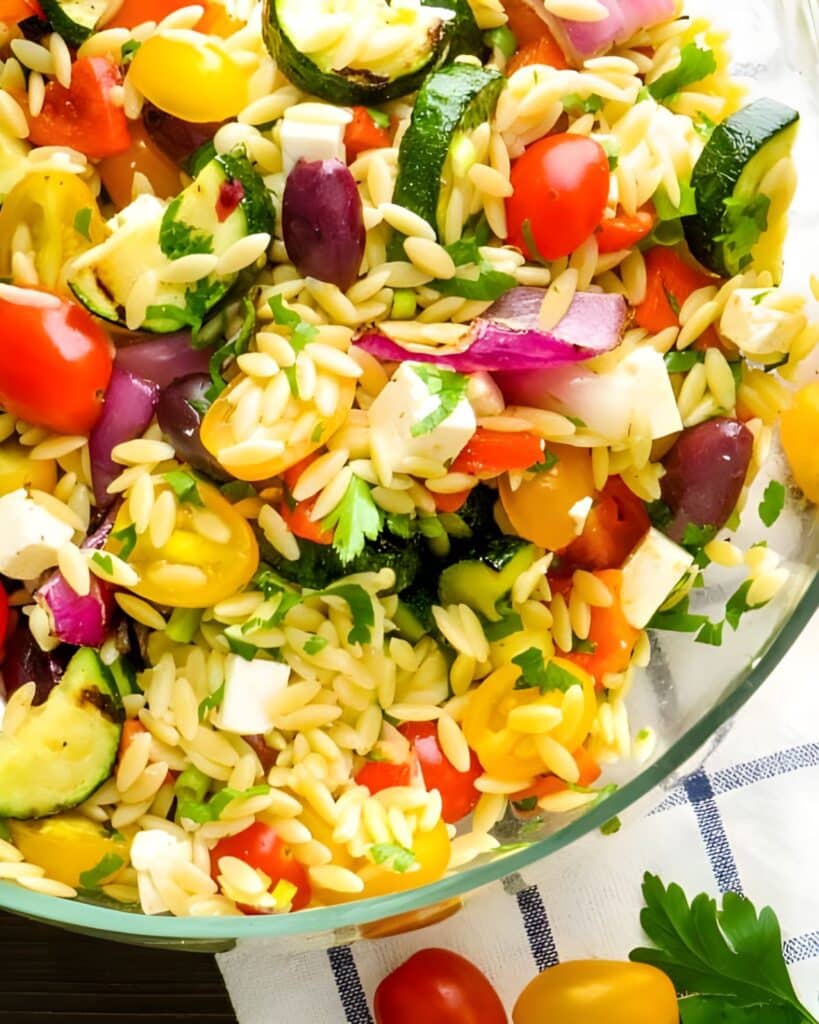 Greek orzo salad with grilled vegetables.