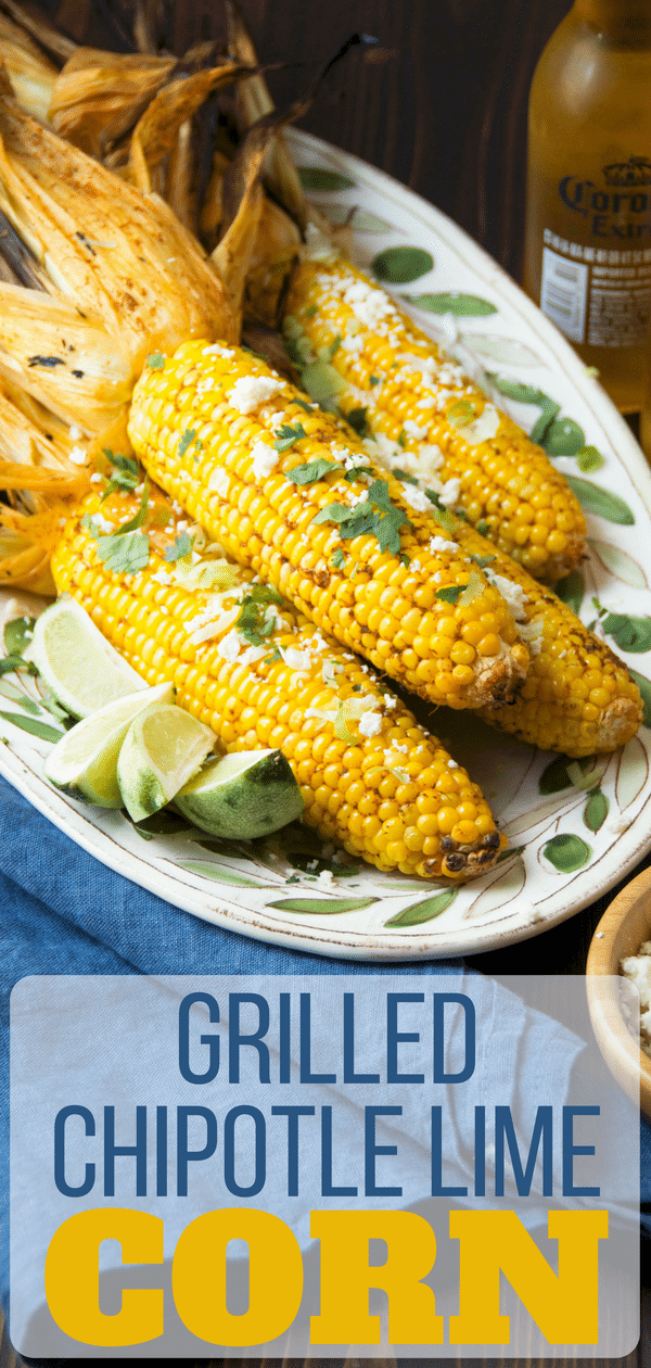 The best grilled corn on the cob is easy to make, too! Grilled Chipotle Lime Corn takes it's cues from Mexican street corn on the cob with queso fresco and lime, but the smoky chipotle compound butter adds depth. See how to grill corn on the cob in the husk and enjoy it all summer. #corn #summercorn #grilledcorn #grilledvegetables #lime #chipotle #quesofresco #cilantro #grilledcornonthecob #mexicanstreetcorn