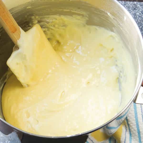mixing batter with spatula