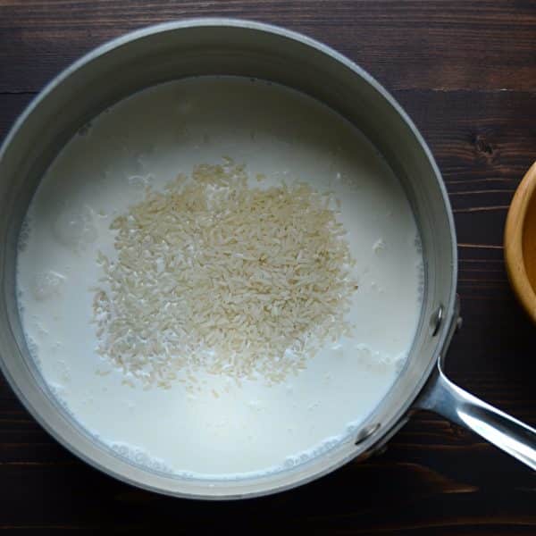 rice in a pot with coconut milk