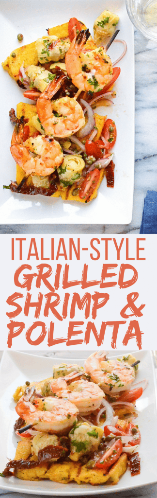 Need a good grilled shrimp recipe? Italian-Style Grilled Shrimp and Polenta is it! A great summer dish for entertaining with artichokes, capers & tomatoes! #shrimp #grilled shrimp #seafood #grilledseafood #summergrilling #polenta #artichokes #tomatoes #gulfshrimp #colavita #ad