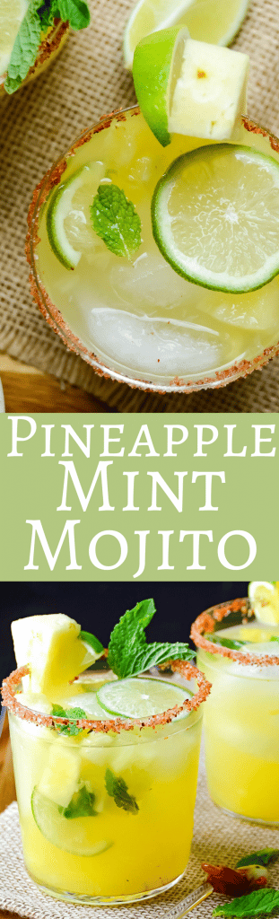 This easy pineapple mint mojito recipe with rum and triple sec has a sweet citrusy punch and a splash of soda! Perfect for a hot day! Ready in minutes!