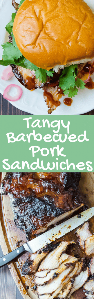 Feed a crowd with this easy recipe for Tangy Barbecued Pork Sandwiches. Thinly sliced pork shoulder, grilled pineapple, pickled onions and sauce. Mmm!