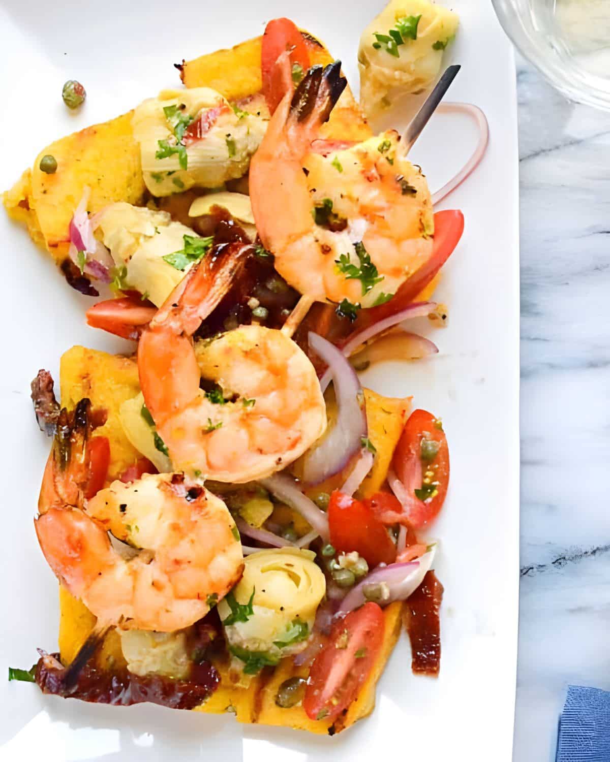 Grilled Shrimp and Polenta with artichokes.