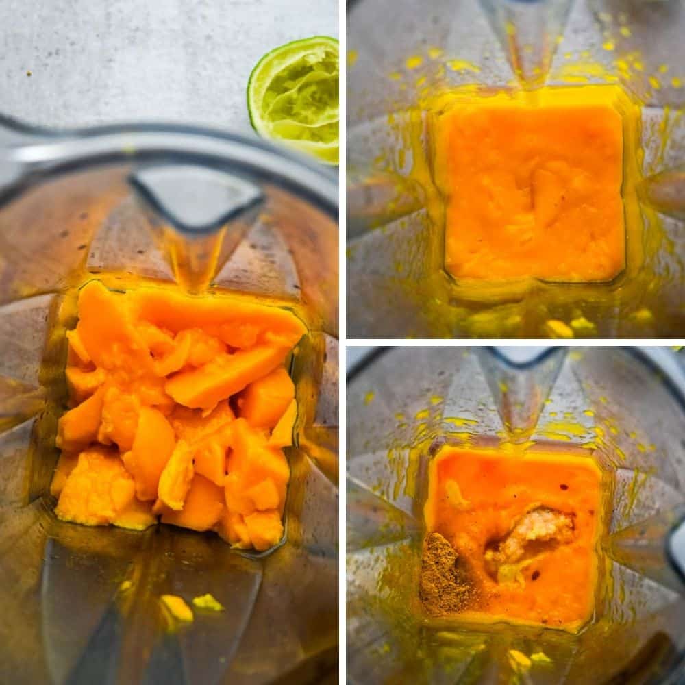 making curried mango dressing in a blender.