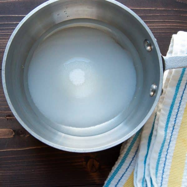 Sugar and water in a pan.