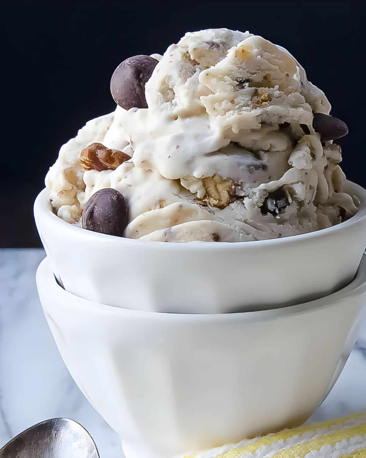 Banana chocolate chip ice cream in a bowl.