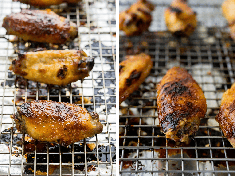 the honey sriracha chicken wings after the broiler are dark golden and lacquered with sauce.