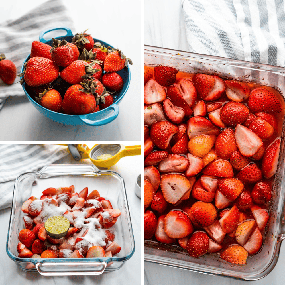 prepping the strawberries for roasting to make the puree.