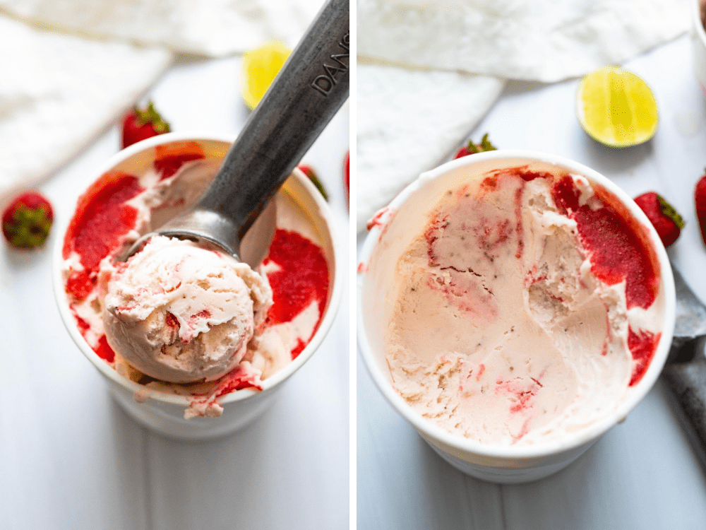 scooping out the strawberry daiquiri ice cream with swirls of strawberry ribbon.