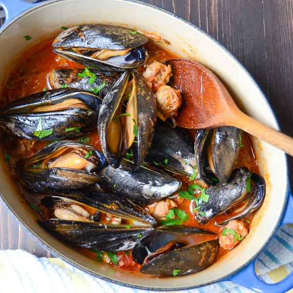 wine and garlic mussels with sausage | Garlic + Zest
