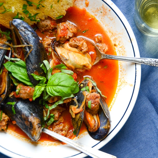 wine and garlic mussels with sausage | Garlic + Zest