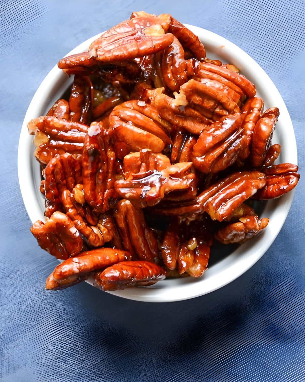A bowl of glazed spiced pecans.