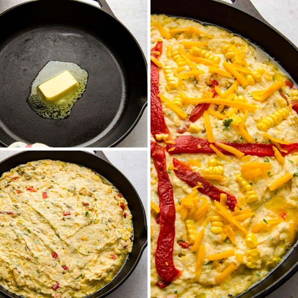 buttering the pan for skillet cornbread recipe and spreading the batter and toppings.