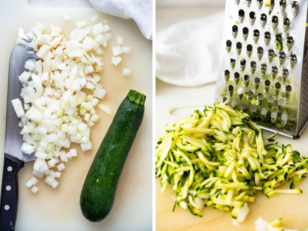 dicing onions and grating zucchini.