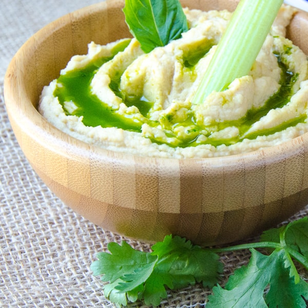 Hummus with Basil-Cilantro Oil with celery