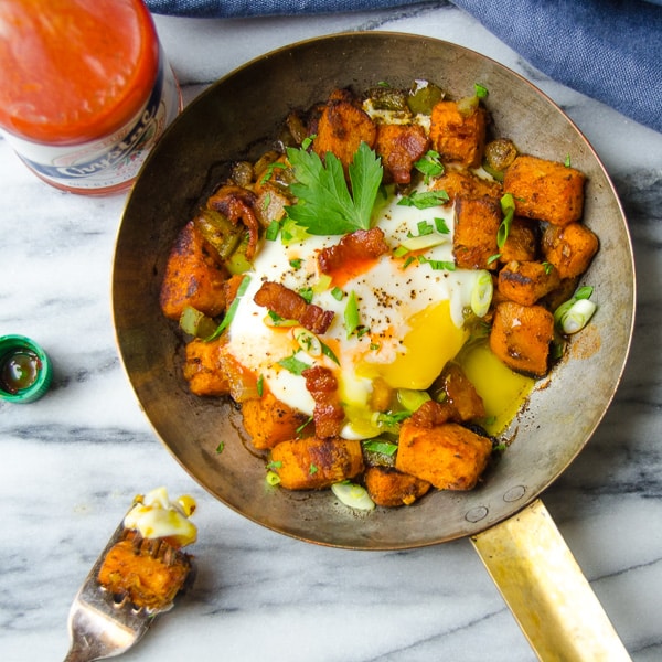 Sweet Potato and Bacon Hash on a fork.