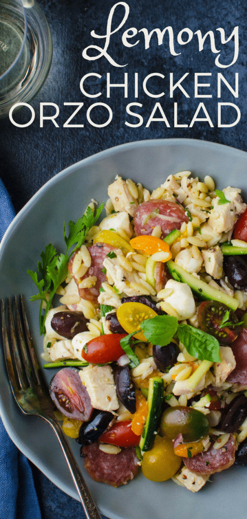 Salami, mozzarella, chicken and zucchini pasta salad with parmesan dressing, this chicken orzo salad is an easy orzo pasta salad recipe w/all the goodies! #easyorzosalad #orzosalad #pastasalad #rotisseriechicken #salami #zucchini #mozzarella #parmesandressing #lemonvinaigrette #bellpeppers #lunchsalad #dinnersalad #orzo #summerpastasalad