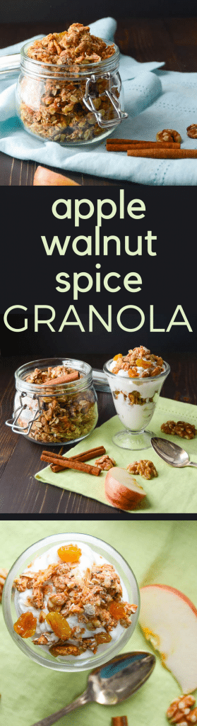 This recipe for homemade granola tastes like fall. Apple Walnut Spice Granola w/dried apple and apple pie spice is perfect over your morning yogurt. A fast, easy breakfast or brunch option. #apple #driedapple #granola #walnuts #applepiespice #homemadegranola #granolarecipe #healthybreakfastrecipe #healthybreakfast #brunch #breakfast #oatmeal #bakedoatmeal #walnuts #cinnamon #honey #vegetarianbreakfast