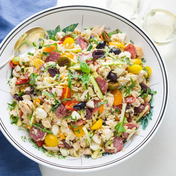 Lemony Chicken and Orzo Salad in a serving bowl.