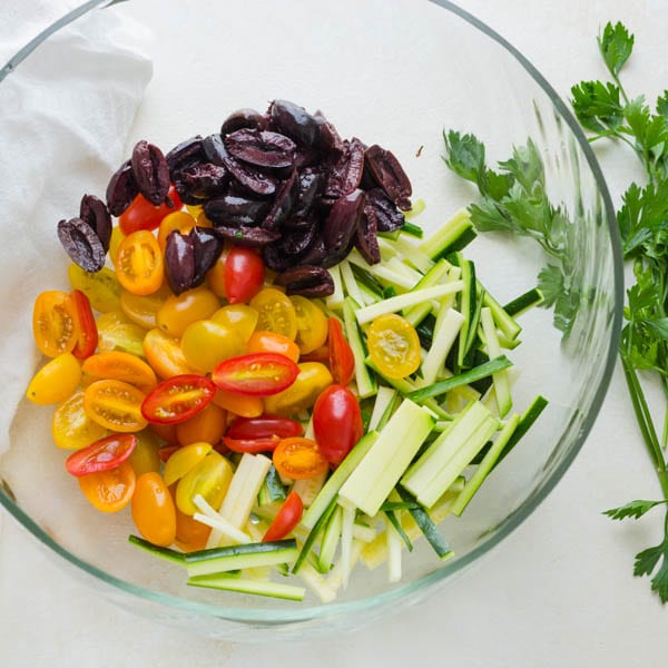 bowl of chopped vegetables.