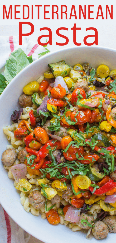 Italian roasted vegetable and sausage pasta is an easy pasta dish that let's the oven do the work. Use a short tubular pasta for best results. #italianroastedvegetables #easypasta #sheetpansausage #tubularpasta