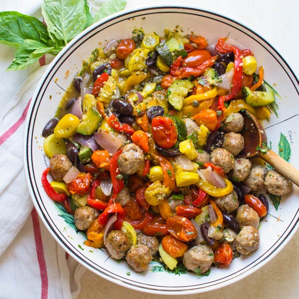 mediterranean roasted vegetables and sausage.