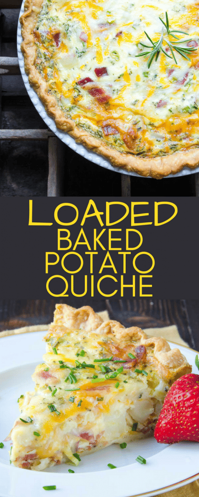 This easy quiche recipe is perfect for brunch, lunch or dinner. Loaded Baked Potato Quiche has all your favorite fixin's. Make ahead for entertaining. #quiche #brunchrecipes #breakfastrecipes #easyquiche, #bacon #potatoes #piepastry #eggs, #cheese #bakedpotato #loadedbakedpotato #baconquiche #christmasbrunch #newyearsbrunch #makeahead