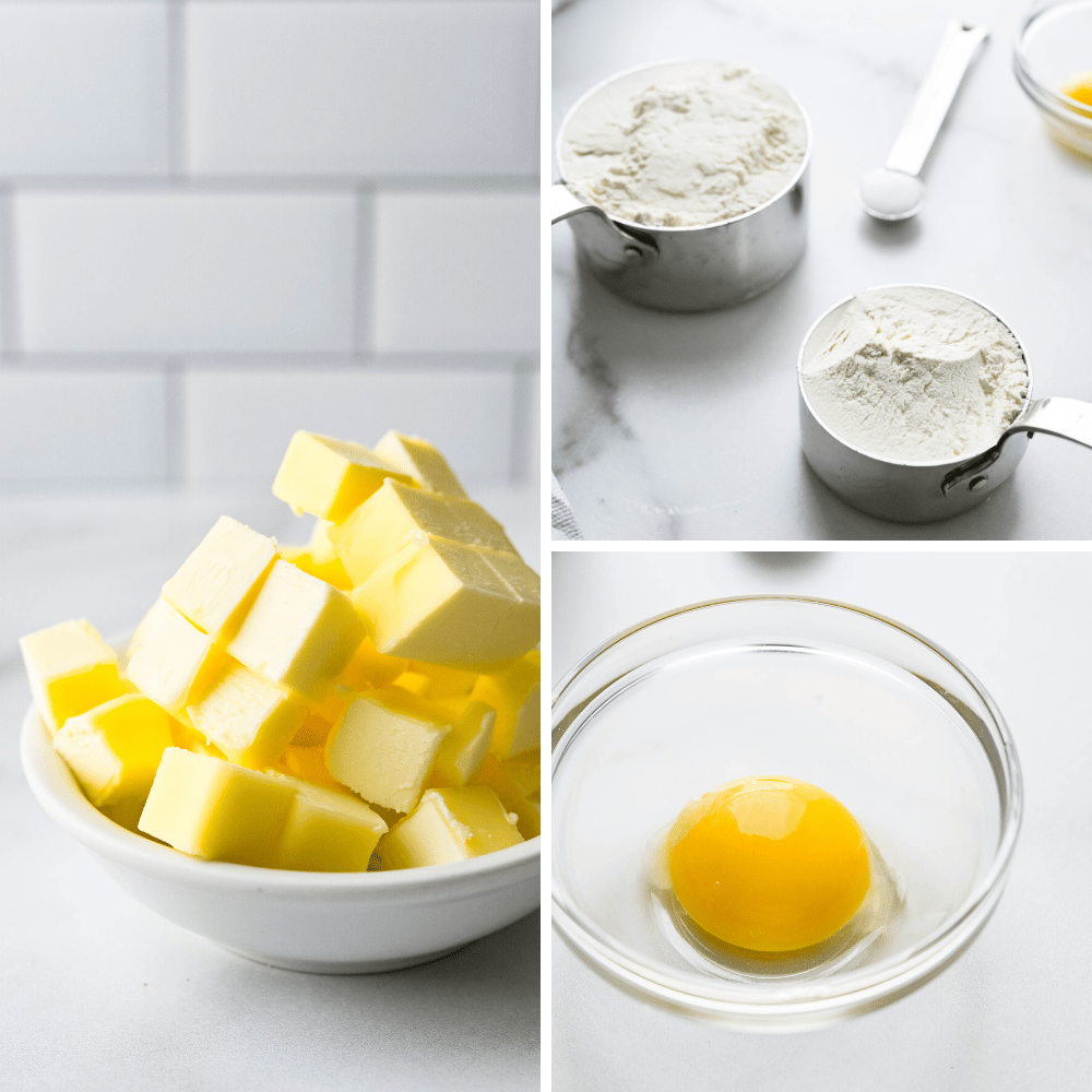 cold cubes of butter, an egg yolk and dry ingredients.
