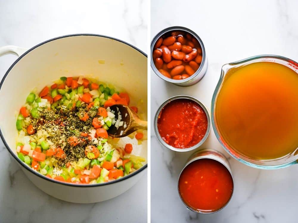 adding spices and canned ingredients to the vegetable minestrone.